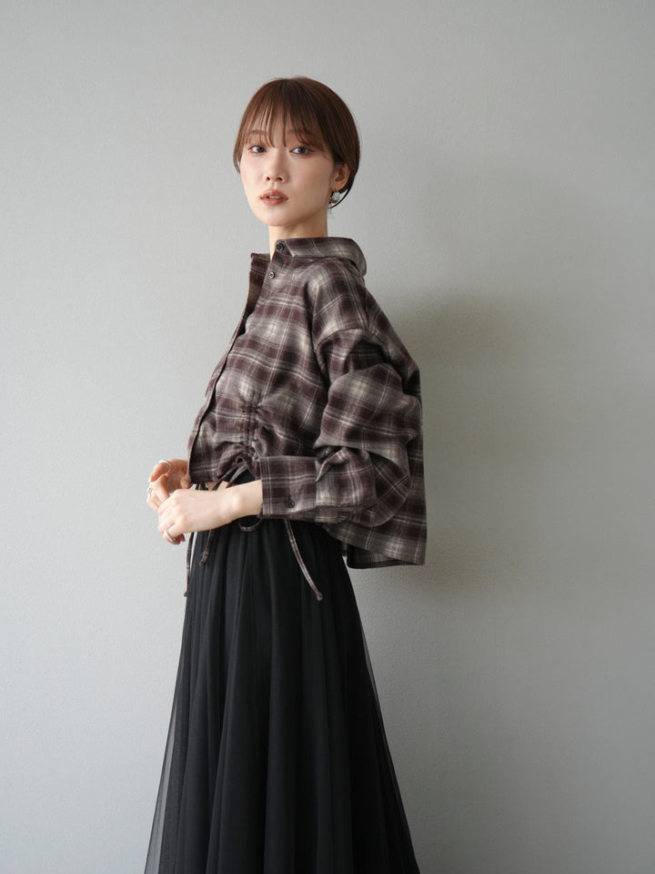 [予約]ドロストクロップネルチェックドシャツ/ブラウン