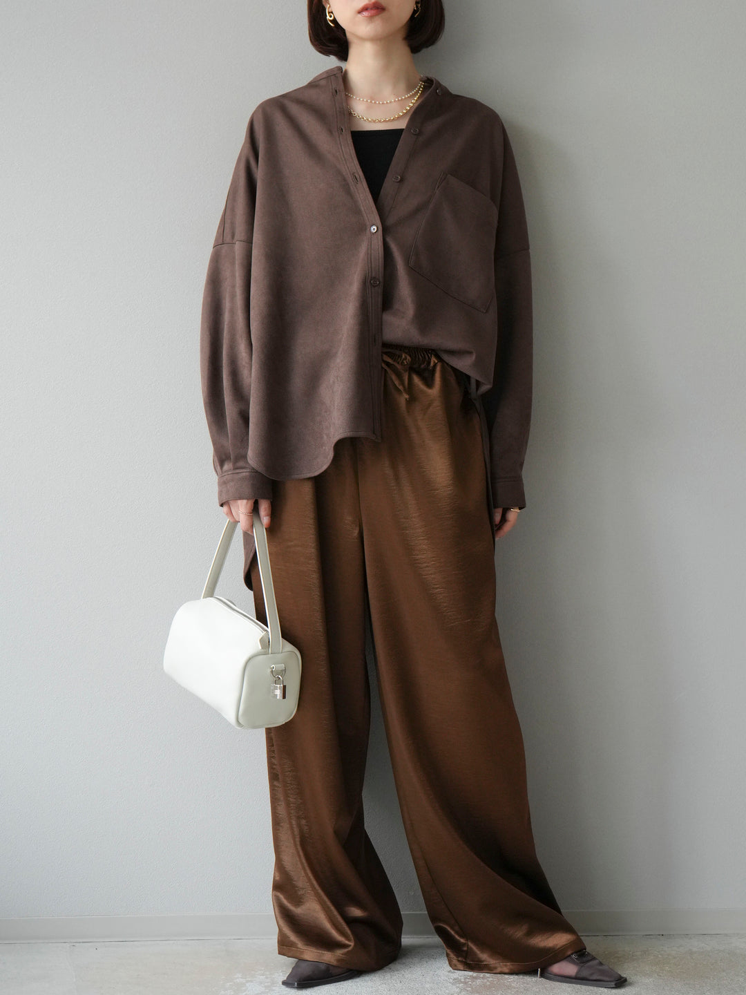 [予約]サテンラインワイドパンツ/ブラウン