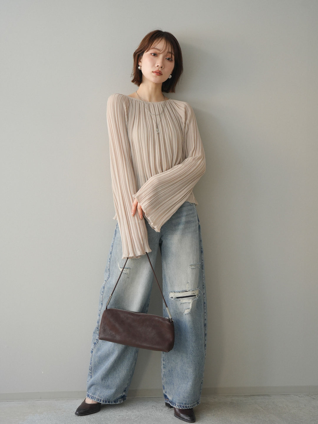 [予約]プリーツシアーフレアスリーブニットトップス/beige