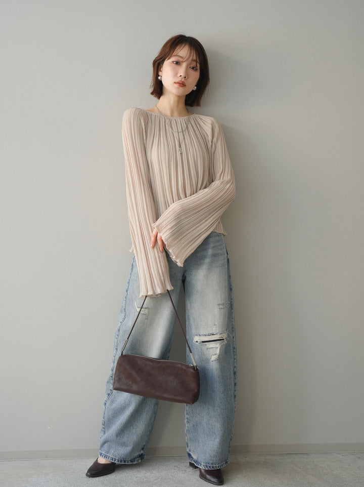 [予約]プリーツシアーフレアスリーブニットトップス/beige