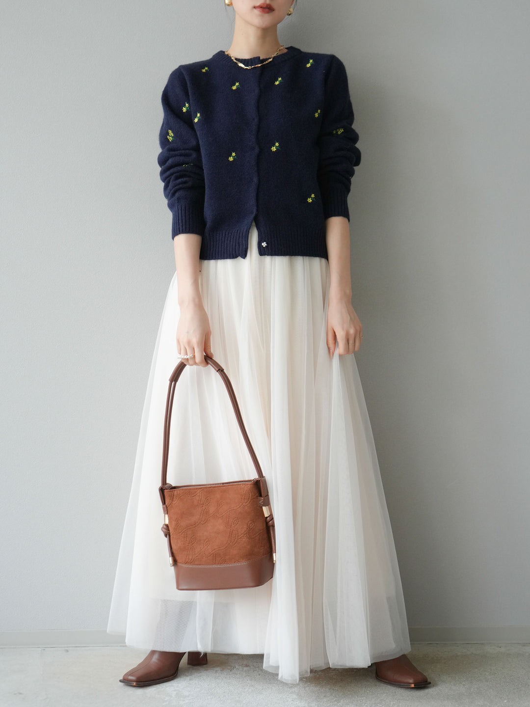 [SET]フラワー刺繍ニットカーディガン+チュールボリュームスカート(2set)