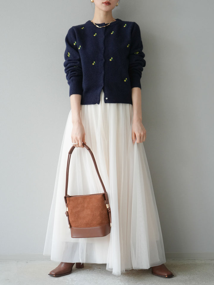 [SET]フラワー刺繍ニットカーディガン+チュールボリュームスカート(2set)