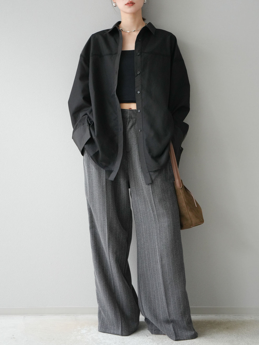 [予約]サイドラインストライプワイドパンツ/チャコール