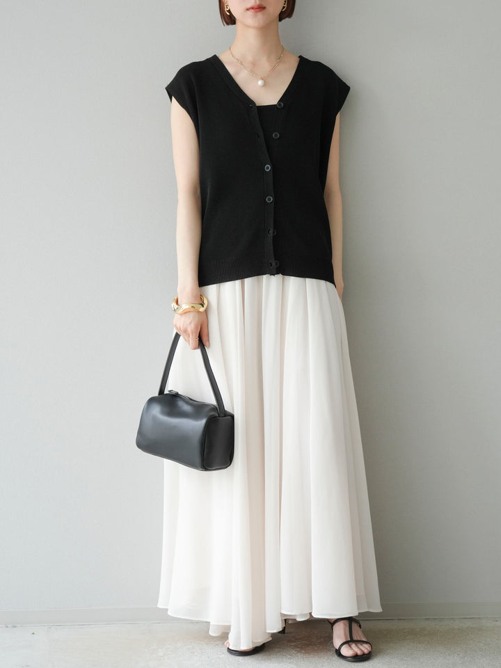 [SET] V領人造絲針織背心+雪紡喇叭裙（2件組）