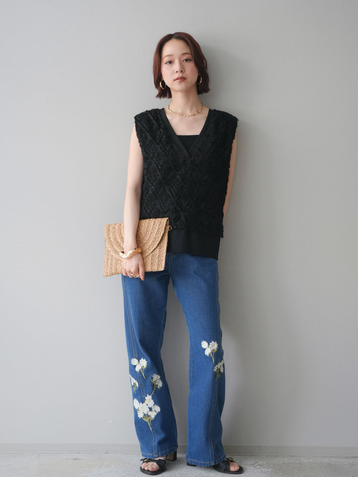 [SET]フリンジレイヤードVネックノースリーブ+フラワー刺繍ストレートデニム(2set)