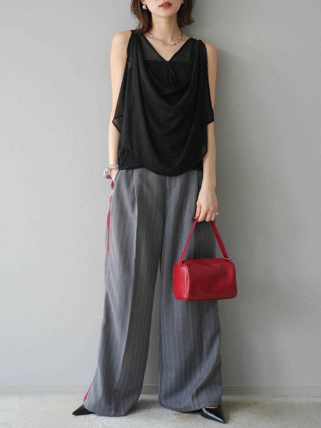 [予約]サイドラインストライプワイドパンツ/グレー