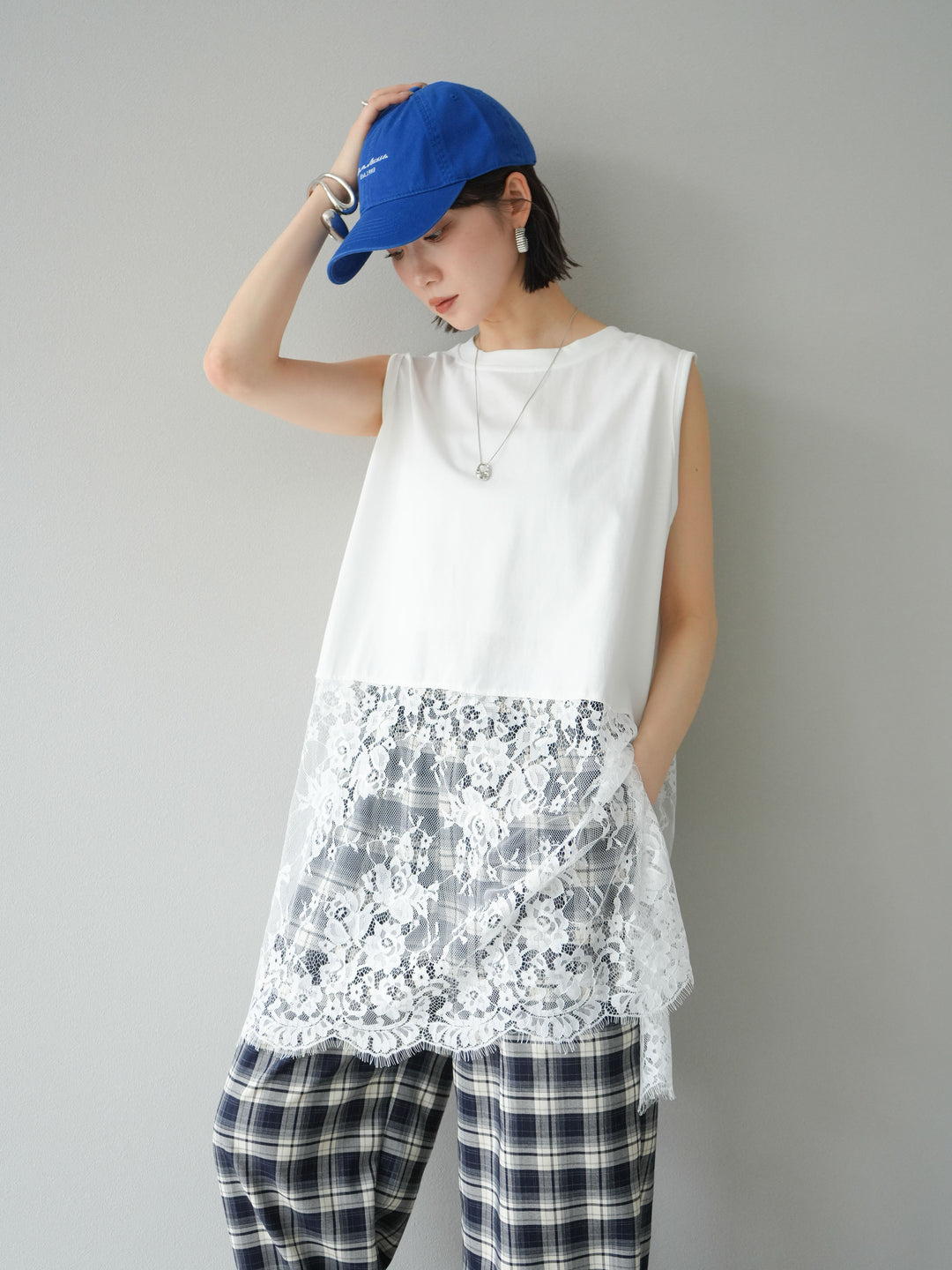 [予約]レース切替ノースリトップス/ホワイト