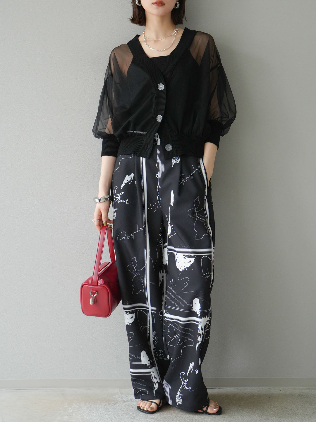 [SET] 透視半袖褶皺開襟衫 + 彩繪圖案褶襉褲 (2set)