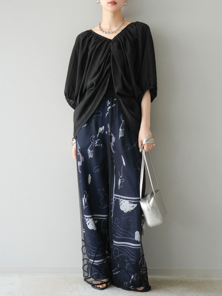 [SET]ボリュームスリーブシアータックブラウス+コード刺繍チュールレイヤードパンツ(2set)