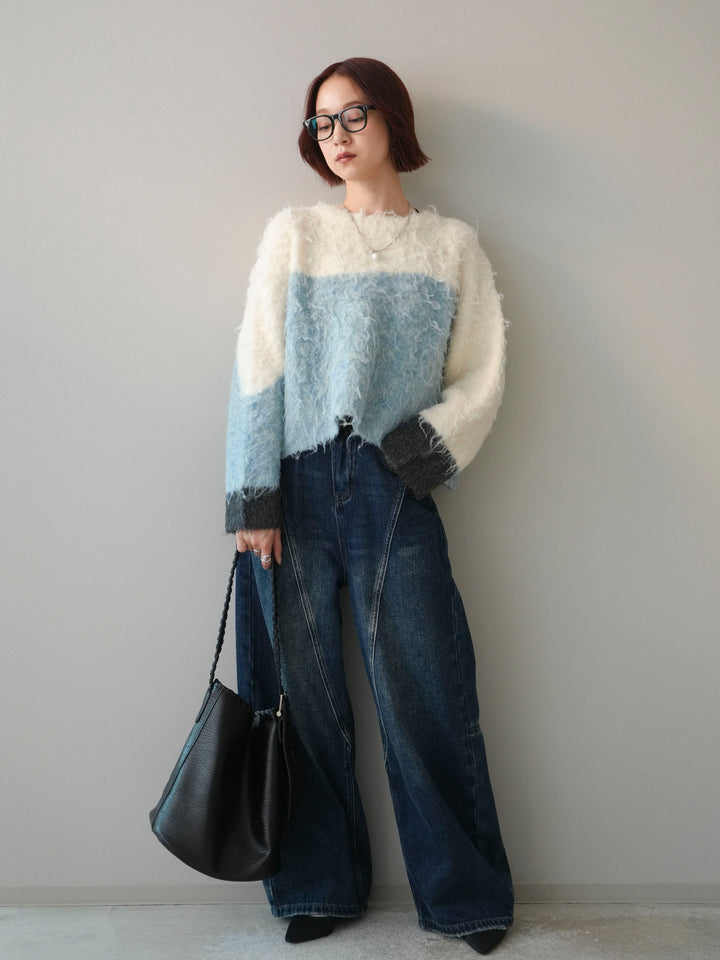 [SET]バイカラーモヘアタッチニットプルオーバー+裏起毛加工デニムカーブパンツ(2set)