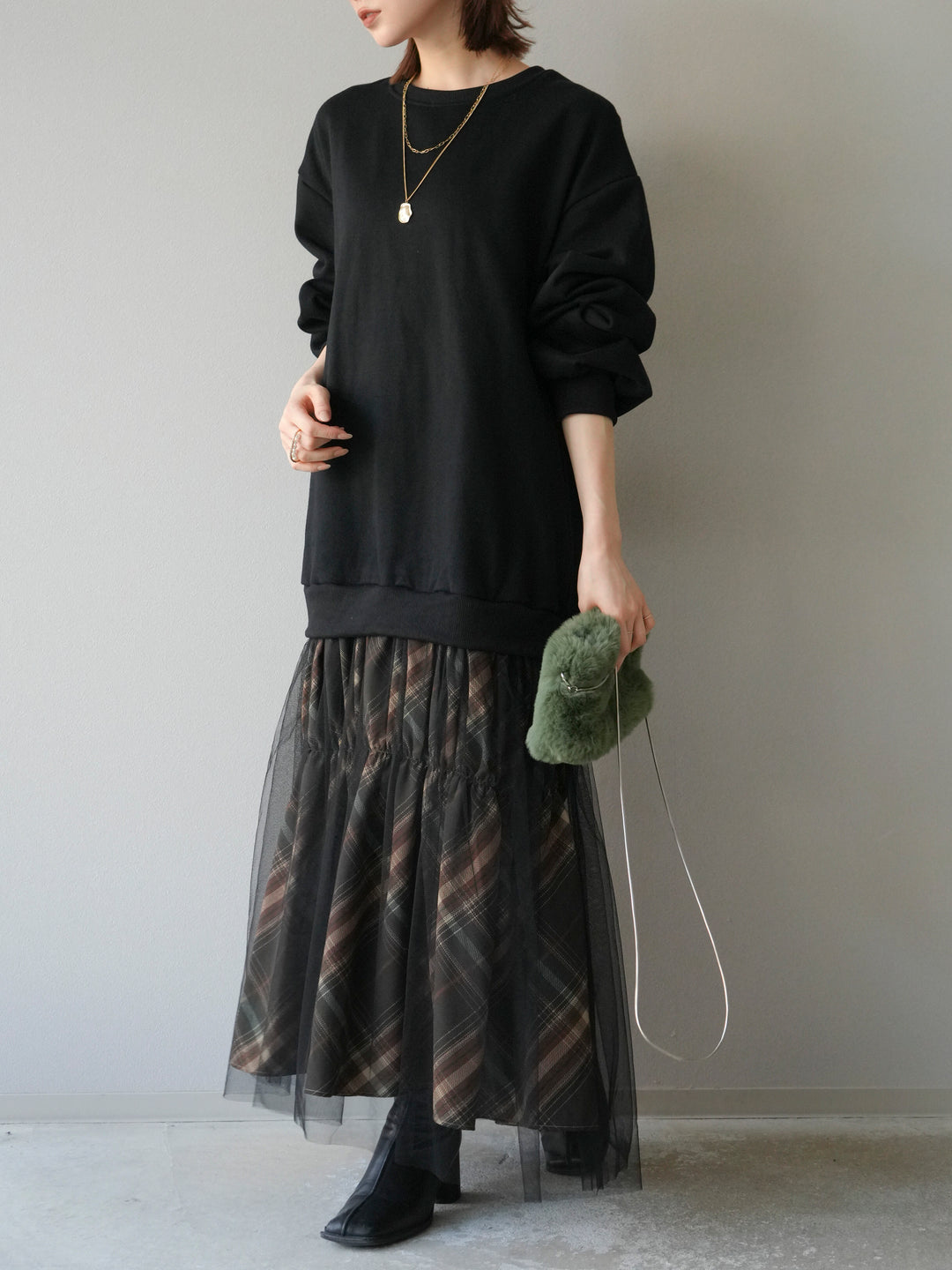 [予約]スウェットドッキングチェック柄レイヤードワンピース/ブラック