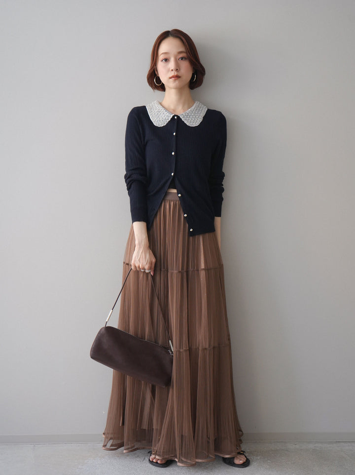 [予約]ラメプリーツレイヤードチュールロングスカート/mocha