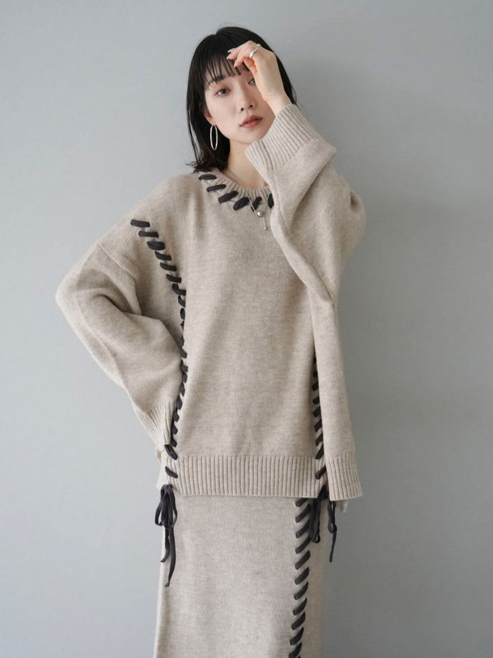 [Pre-order] Hand-stitched color-coordinated over-knit pullover/beige
