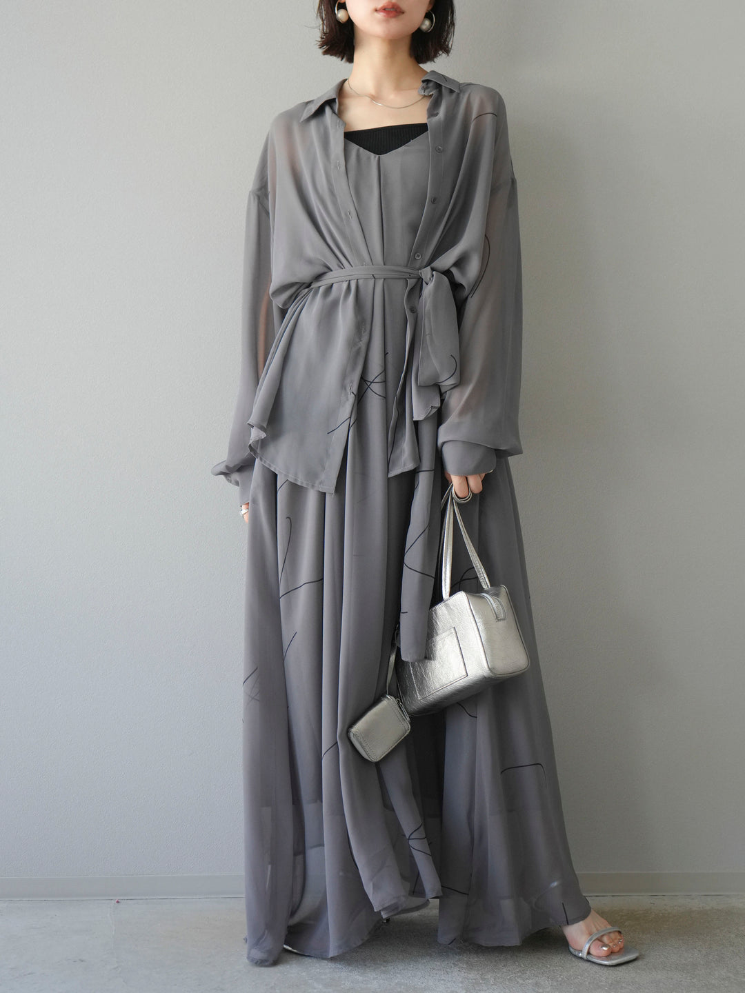 [SET]ペンタッチシフォンキャミワンピース+ペンタッチシフォンシャツ(2set)