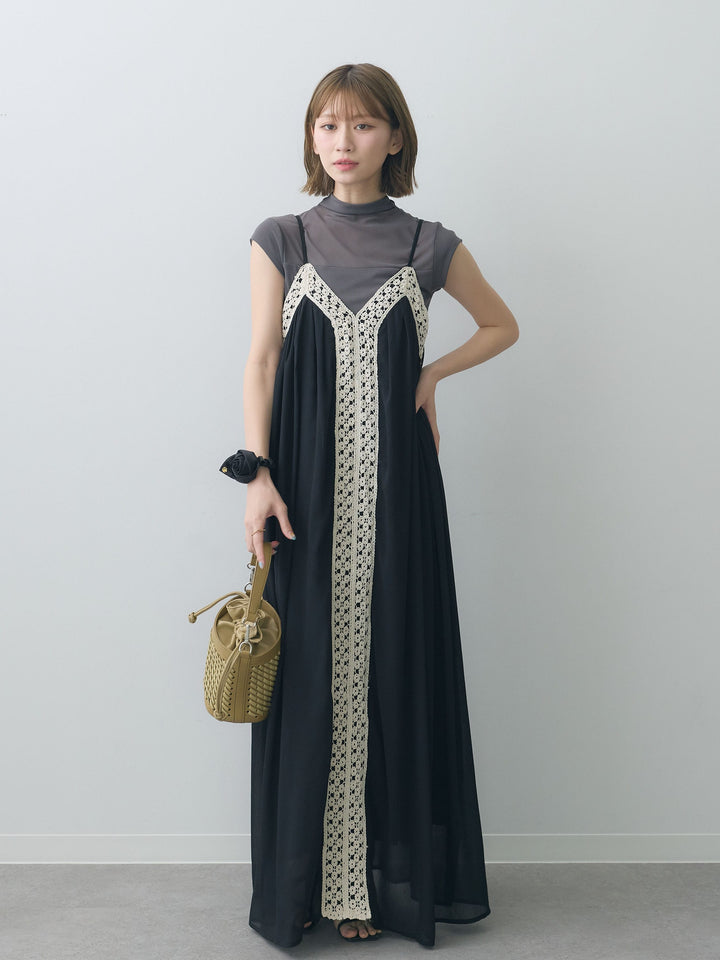 [SET]センタークロシェレースキャミワンピース+シアー切替ストレッチトップス(2set)