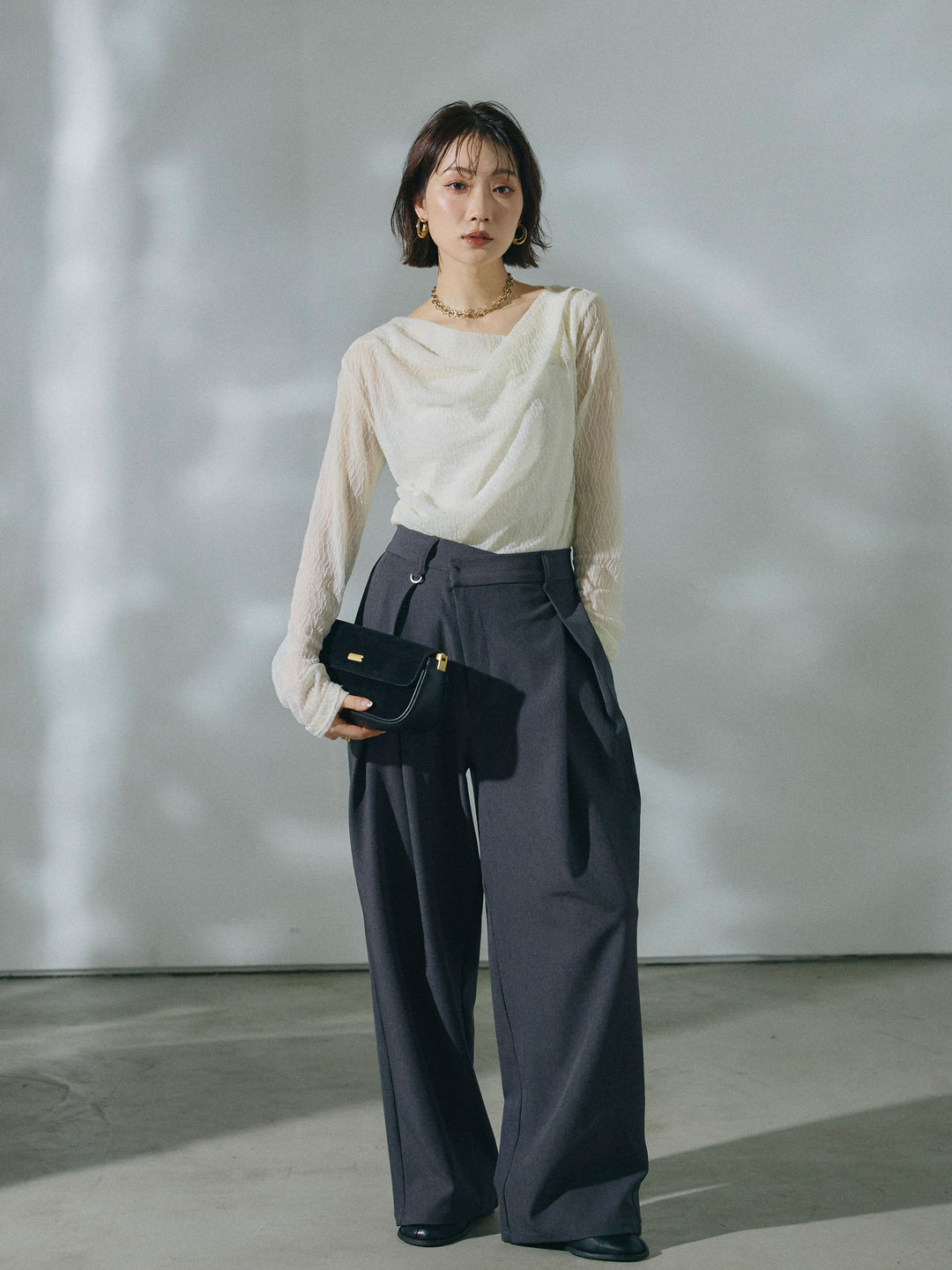 【Allure】[SET]ストレッチレースドレープトップス+アシンメトリーウエストタックパンツ(2set)