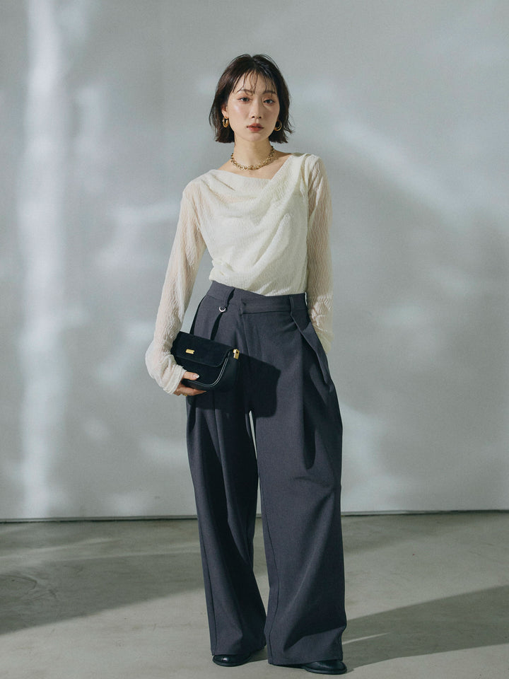 【Allure】[SET]ストレッチレースドレープトップス+アシンメトリーウエストタックパンツ(2set)