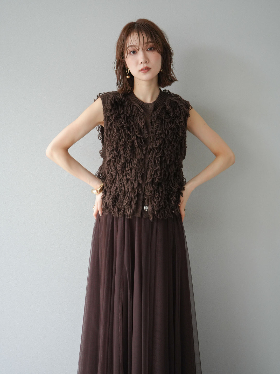 [予約]前開きループニットベスト/ブラウン