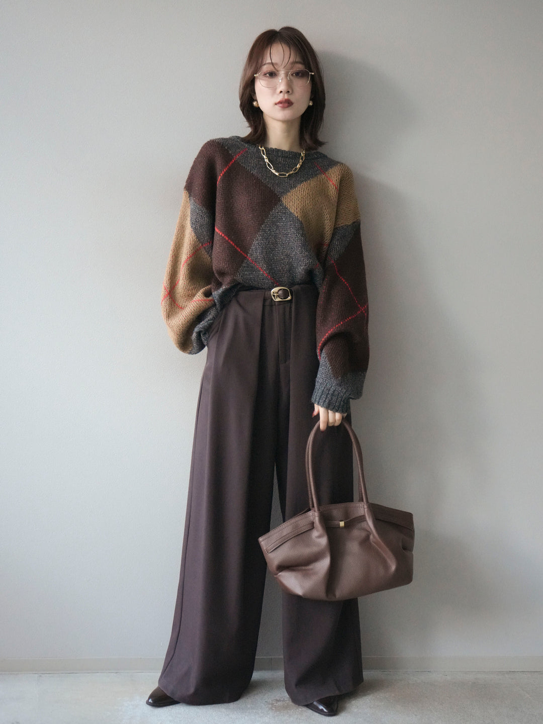 [予約]配色ステッチアーガイル柄ニットプルオーバー/charcoal