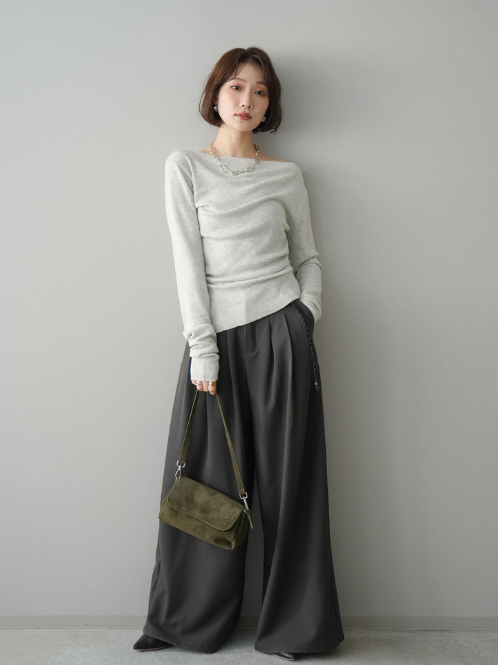 [予約]ラインストーンアシンメトリーニットトップス/gray