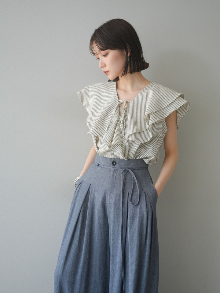 [予約]リネンライクストライプラッフルブラウス/ホワイト