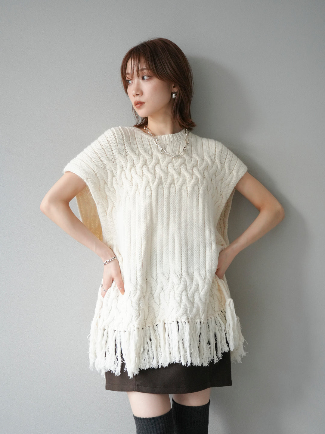 [予約]ケーブルニットフリンジベスト/ベージュ
