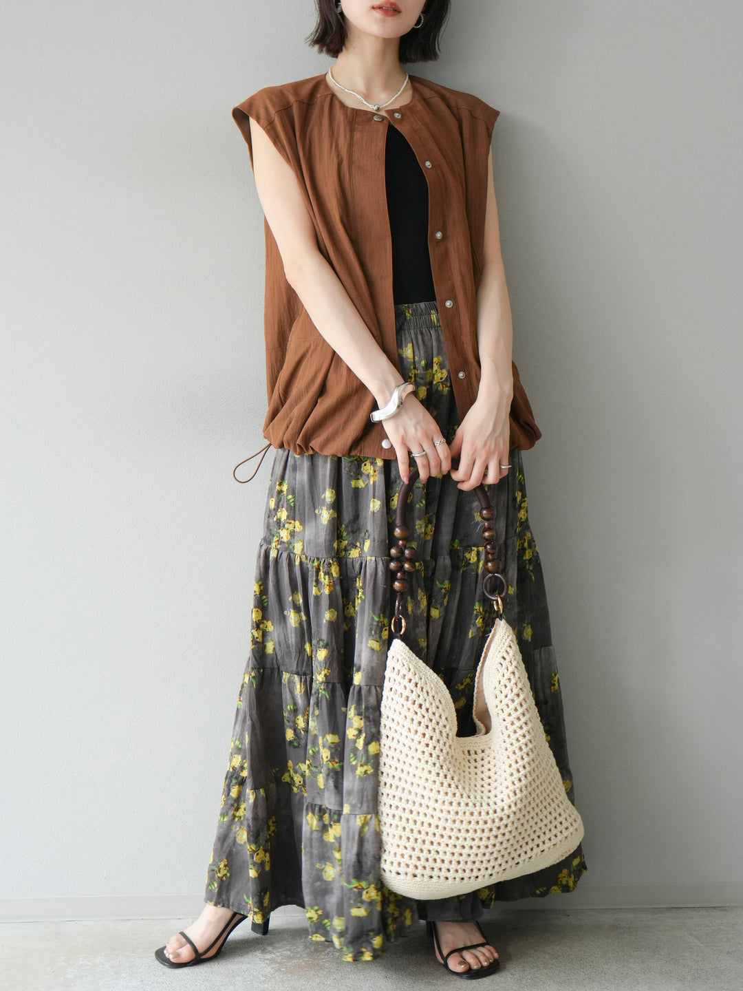 [SET]リネンライクドロストバルーンブルゾン+フラワーワッシャープリーツスカート(2set)