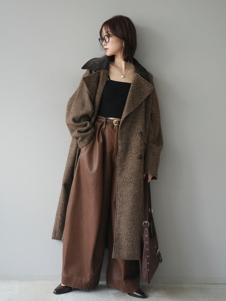 [予約]ネップヘリンボーンレザー襟チェスターコート/brown