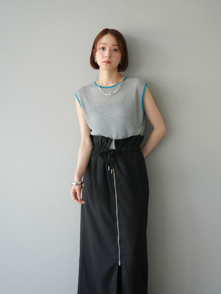 [予約]リネンタッチ配色ニットノースリーブプルオーバー/モクグレー