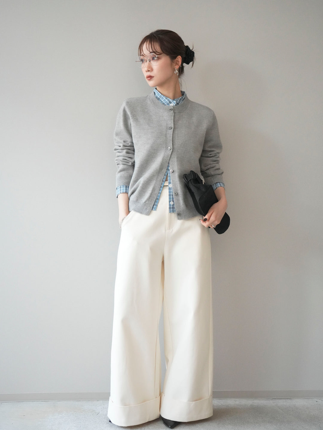 [予約]チェックシャツレイヤードデザインニットカーディガン/gray