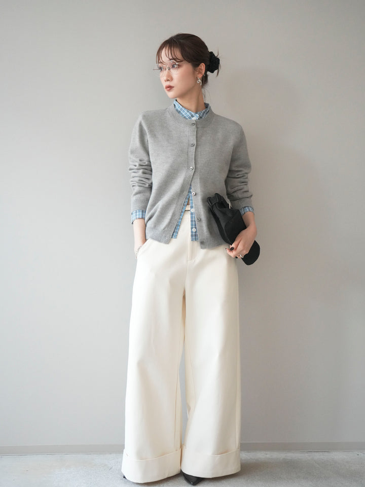 [予約]チェックシャツレイヤードデザインニットカーディガン/gray