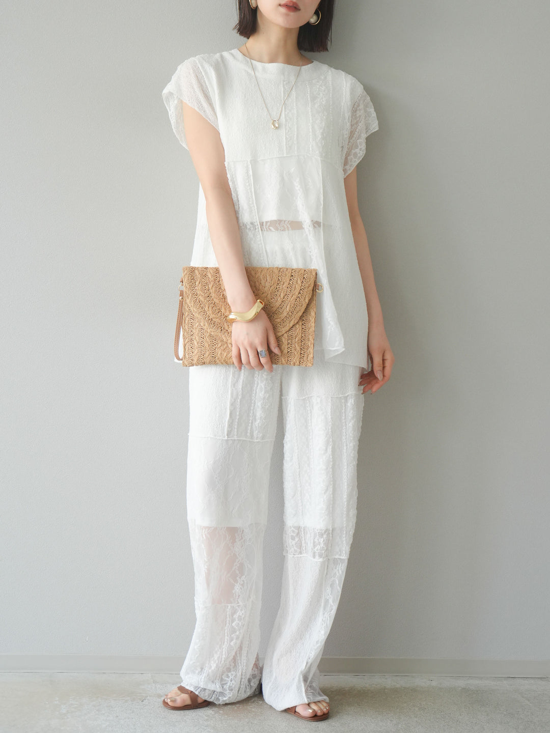 [予約]パッチワークレースワイドパンツ/ホワイト