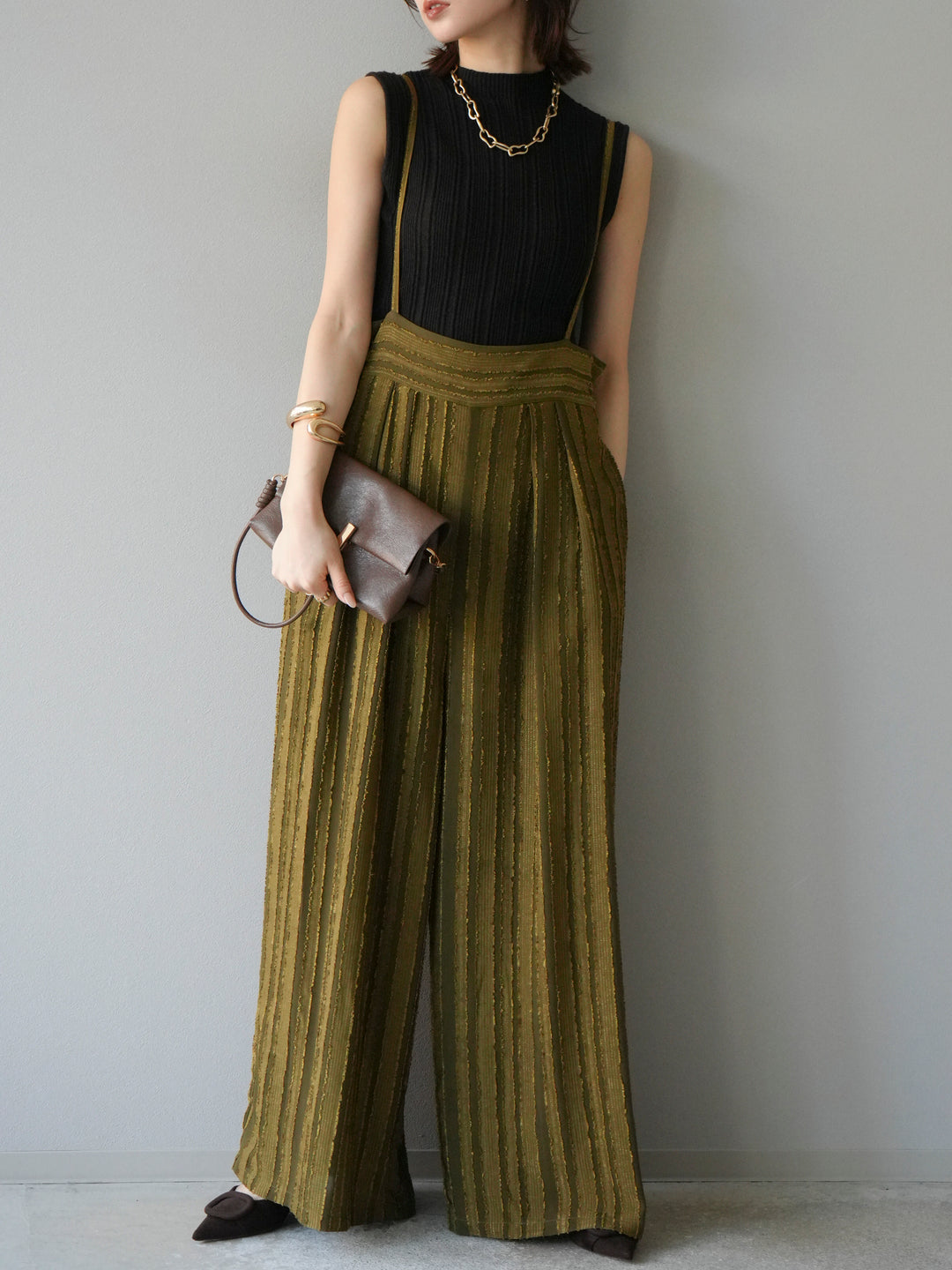 [予約]ジャガードストライプサロペット/カーキ