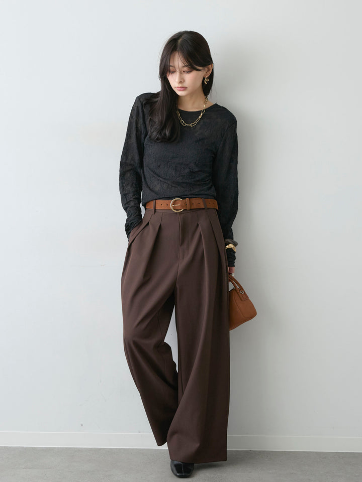 [SET]カットレースバックオープントップス+ツイルタックワイドパンツ(2set)