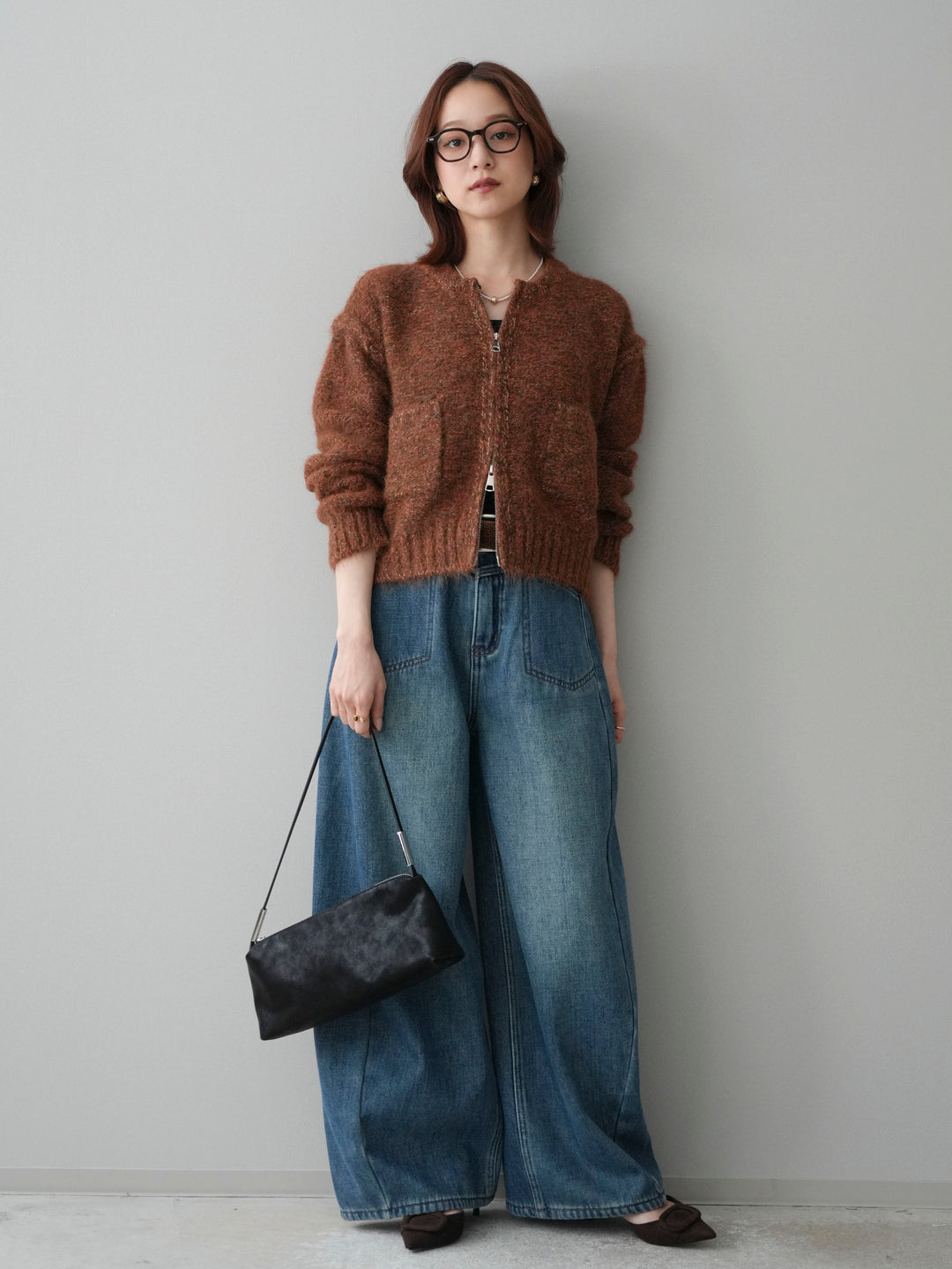 [SET]ミックスヤーンダブルZIPニットカーディガン+ベルト付裏起毛カーブデニムパンツ(2set)