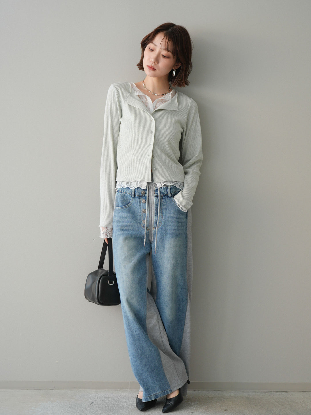 [SET]レースドッキングテレコリブカーディガン+選べるアクセセット(2set)