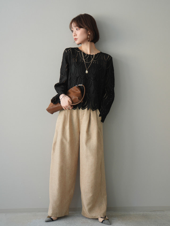 [予約]リネンライクタックワイドパンツ/beige