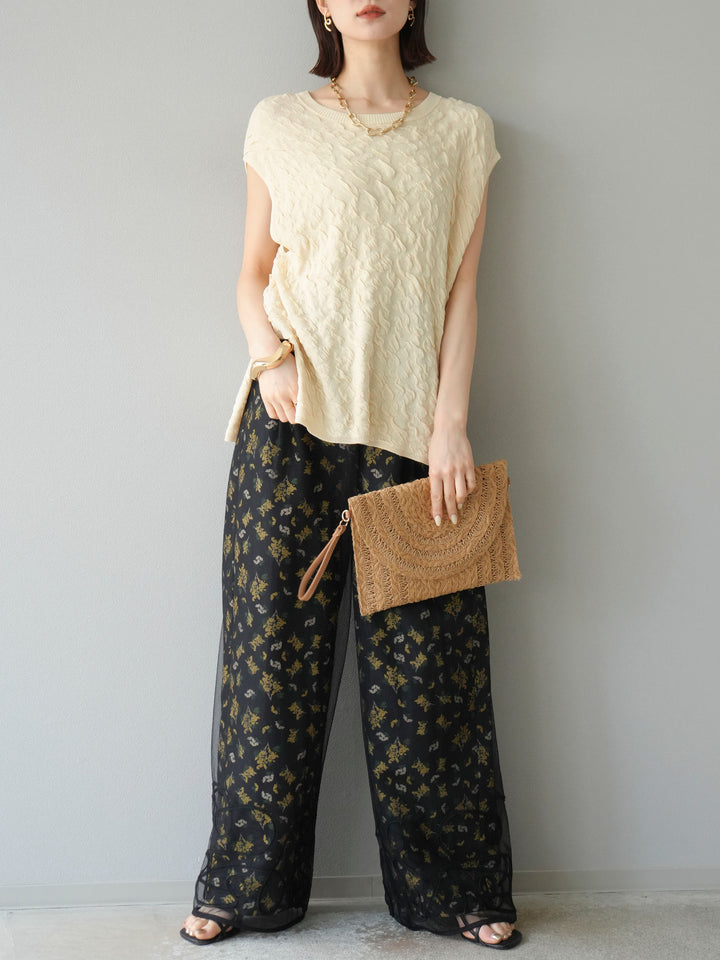 [SET]ポコポコノースリーブニットプルオーバー+コード刺繍チュールレイヤードパンツ(2set)