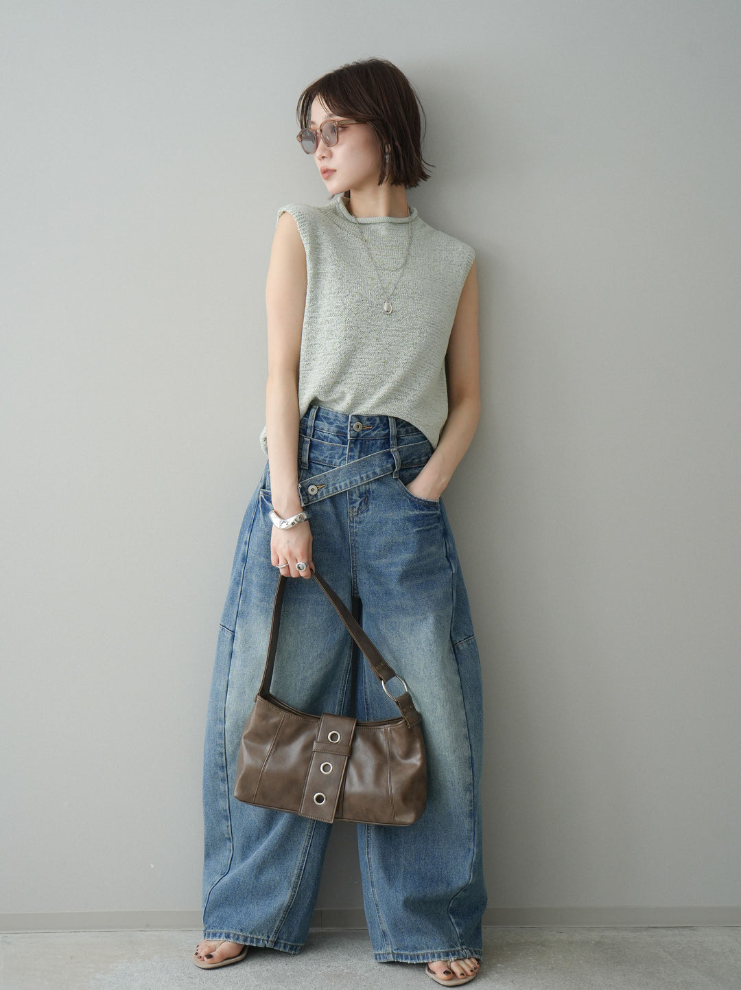 [予約]ノースリーブリネンタッチシアーニットプルオーバー/green