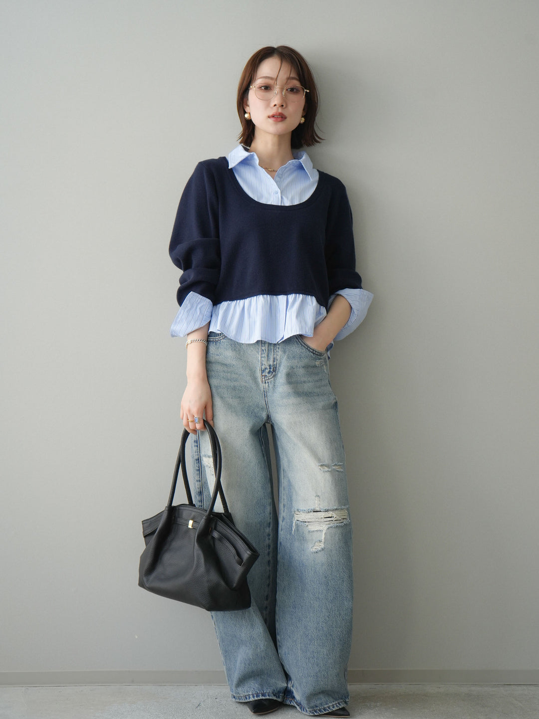 [SET]ストライプシャツUネックドッキングニットプルオーバー+選べるアクセセット(2set)