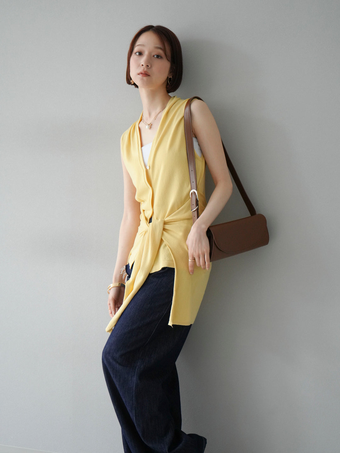 [SET]腰巻きデザインノースリーブニットカーディガン+選べるアクセセット(2set)