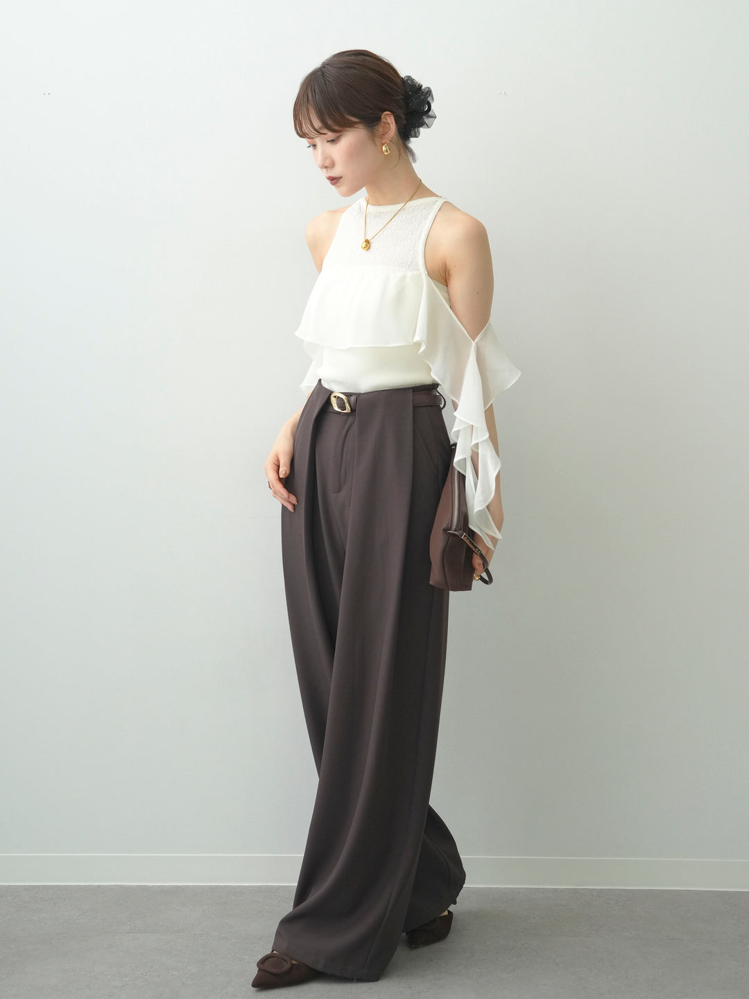 [SET]シフォンフリルドッキングノースリニットトップス+シフォンフリルドッキングノースリニットトップス(2set)