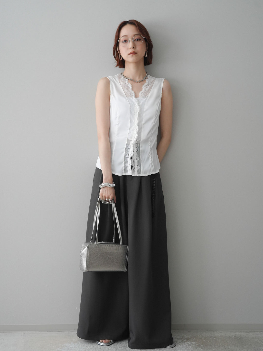 [予約]ノースリサテンレースキャミソール/white