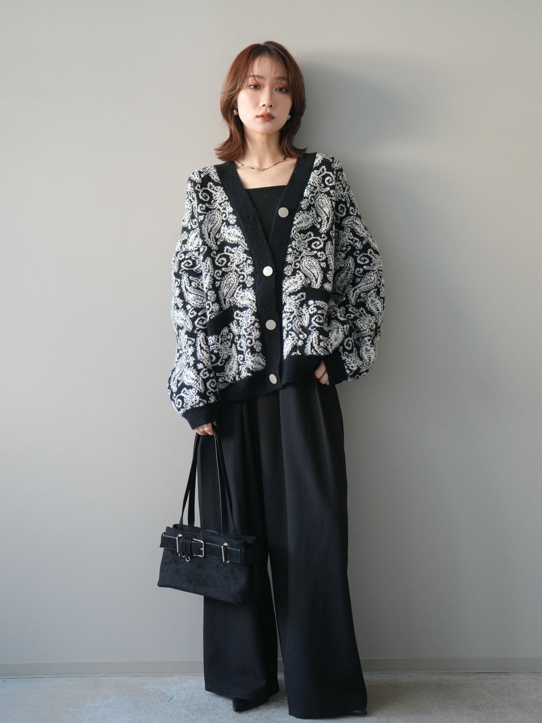 [予約]ペイズリー柄ニットカーディガン/black
