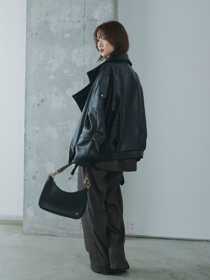 【Allure】[SET]スタンドカラーレザーブルゾン+杢チェックZIPシャツジャケット(2set)