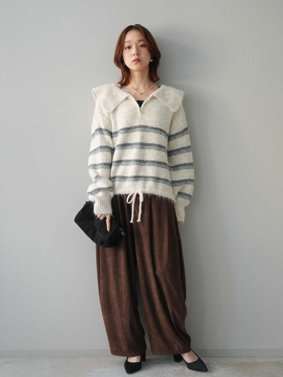 [予約]ハーフジップボーダーニットプルオーバー/ivory