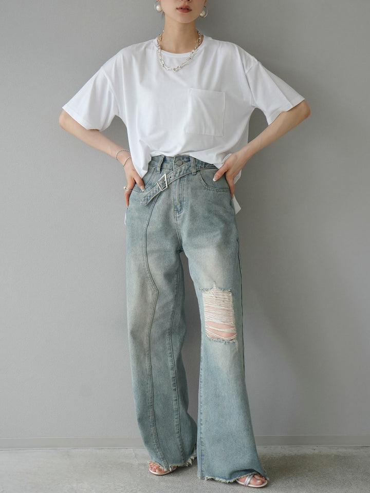 [SET] UV cut &amp; dry processing pocket T-shirt + belt asymmetrical damaged denim (2 sets)