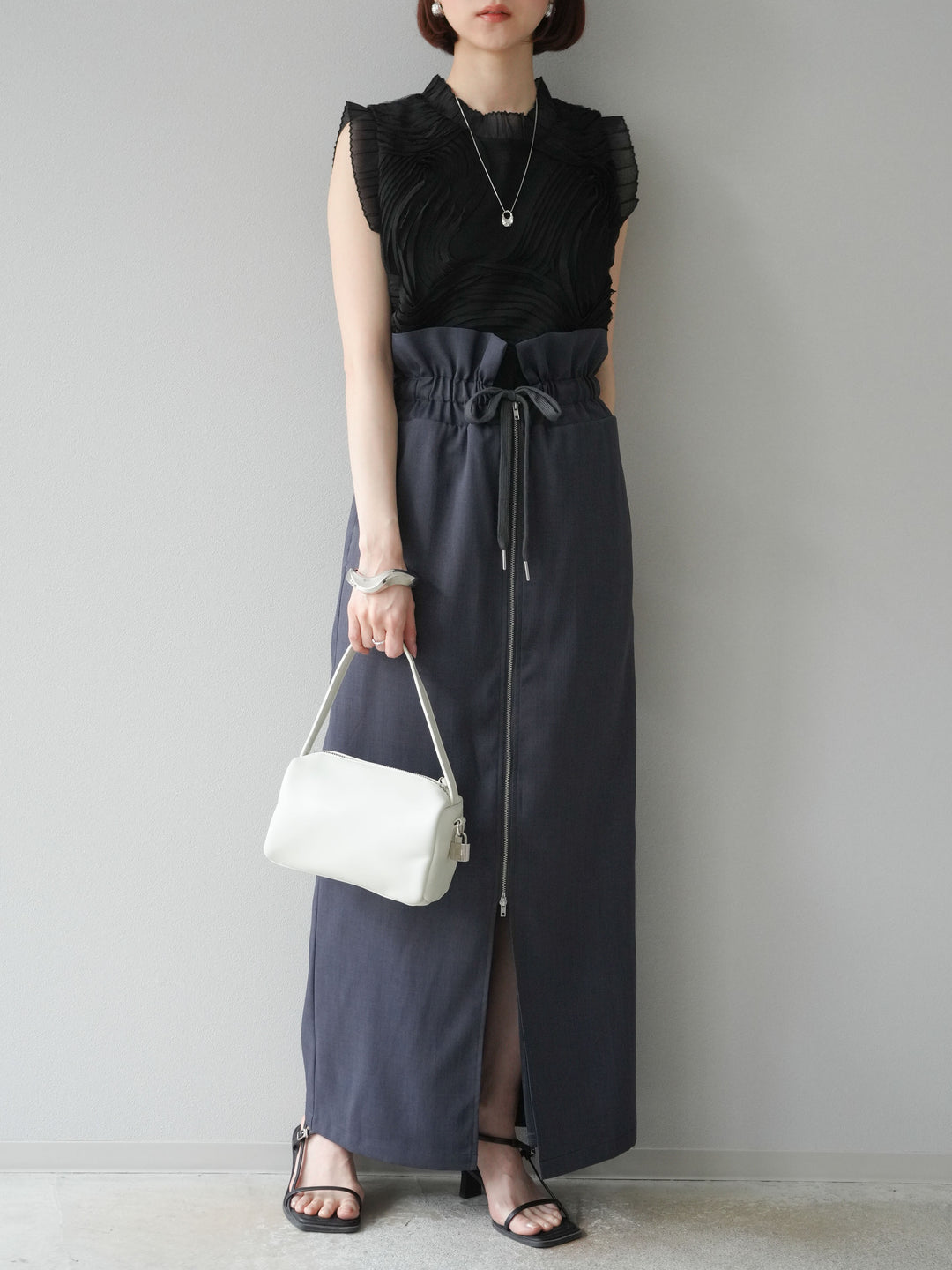 [SET]チュールジャガードノースリブラウス+ヘザーエステルギャザージップスカート(2set)