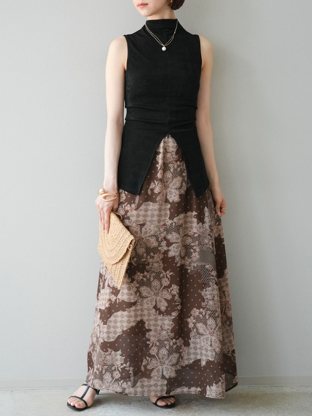 [予約]フラワーパターンフレアスカート/ブラウン