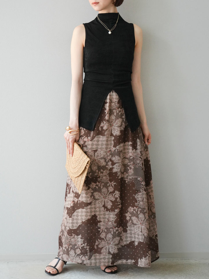 [予約]フラワーパターンフレアスカート/ブラウン
